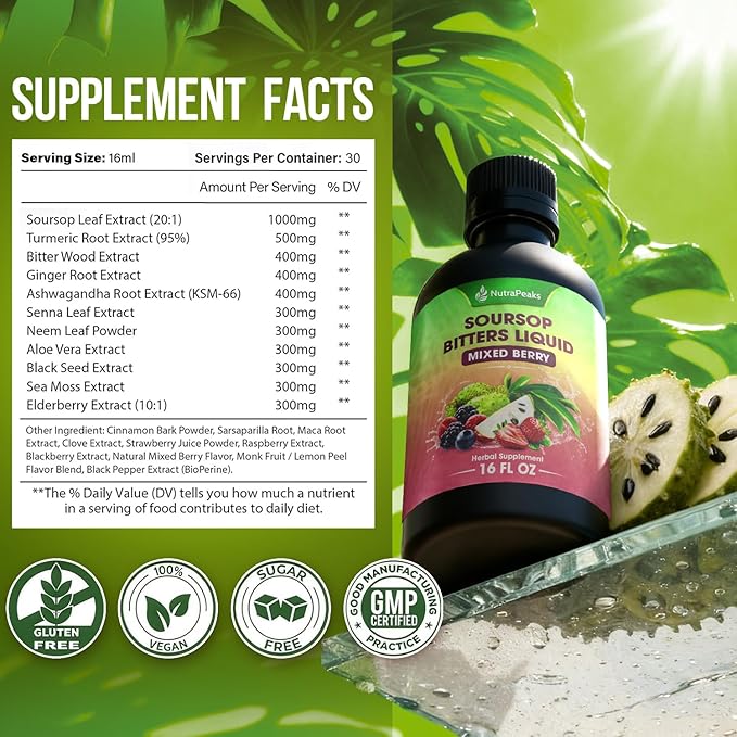 Soursop Bitters Liquid – Herbal Detox Formula with Soursop Ginger Turmeric &amp Black Seed Mixed Berry Flavor – Supports Digestive Balance &amp Immune Wellness – 16 fl oz