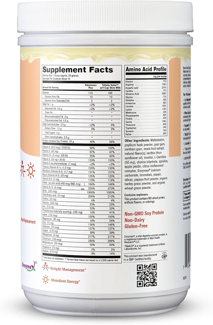 Maxi-Health NatureMAX PlusTM Energy Support Meal Replacement Drink Soy Protein Powder - Sugar Free Diet Supplement - 1 Lb - Natural Vanilla Flavor - Kosher Vitamin