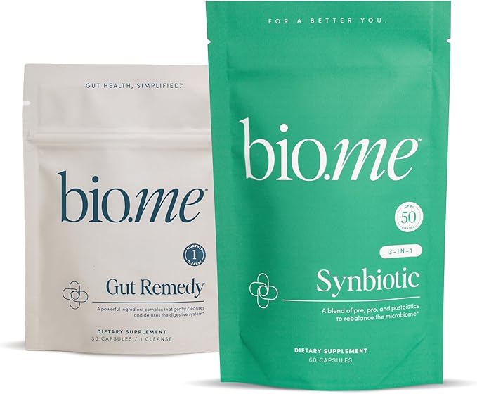 Bio.me Synbiotic &amp Gut Remedy Bundle - Daily Synbiotic 3-in-1 Prebiotics and Probiotics for Digestive &amp Immune Support (60 ct) &amp Gut Cleanse to Reset Digestive System and Rebalance Microbi