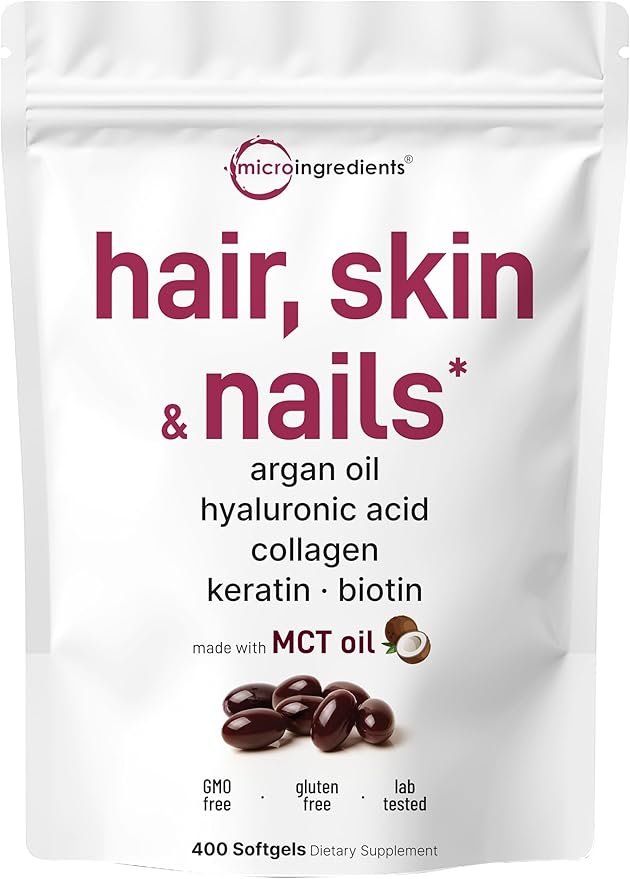 Micro Ingredients Hair Skin and Nails Vitamins for Women &amp Men | 400 Softgels with MCT Oil | 22-in-1 Argan Oil Hyaluronic Acid Collagen Keratin &amp Biotin Complex | Natural Hair Growth Suppor