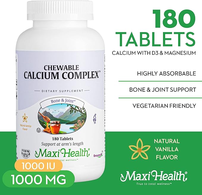Maxi Health Chewable Calcium Complex – Vanilla Flavor Vitamin D3 and Magnesium Chewables to Help Support Bones – Kosher Magnesium and Calcium Supplement for Women and Men (180 Count)