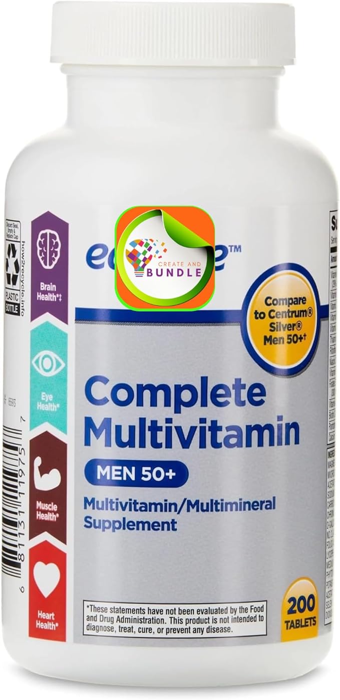 Complete Multivitamin/Multimineral Supplement Tablets Men 50+ 200 Count + Createandbundle Sticker