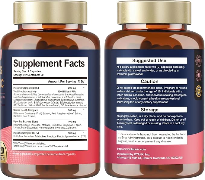 Totaria (2 Packs) Probiotics for Women 120 Billion Women Probiotic Digestive Enzymes &amp Prebiotics with Akkermansia Cranberry D-Mannose for Gut Urinary Immune PH Balance 240 Vegan Capules