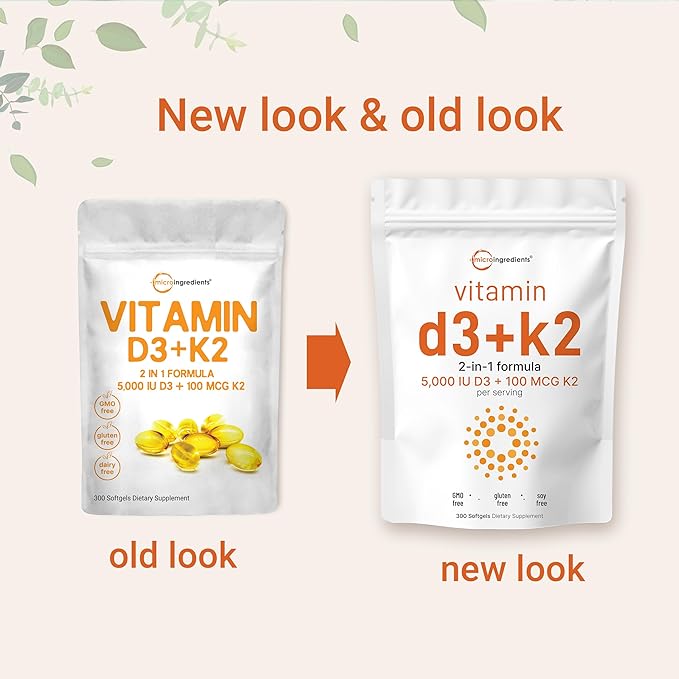 Micro Ingredients Vitamin D3 5000 IU + K2 MK-7 100 mcg 2 Pack (600 Softgels) | Liquid-Filled with Sunflower Oil | 2-in-1 Vitamins D &amp K Complex | Extra Strength Easy to Swallow Non-GMO No Glu