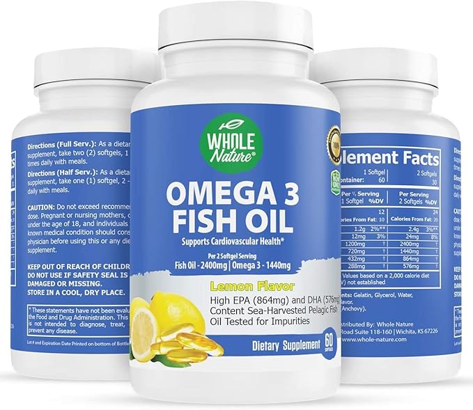 Omega 3 Fish Oil Supplements Maximum Strength 2400 mg Omega-3 1440mg Fish Oil EPA and DHA Fatty Acids Heart Brain &amp Immune Support for Women and Men. Natural Lemon Flavor 120ct (2)