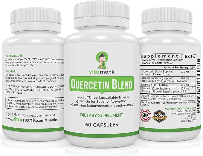 VitaMonk Quercetin Complex - 3 Bioactive Forms - Isoquercetin and Quercetin Phytosome with Bromelain - Immune System Support for Superior Absorption