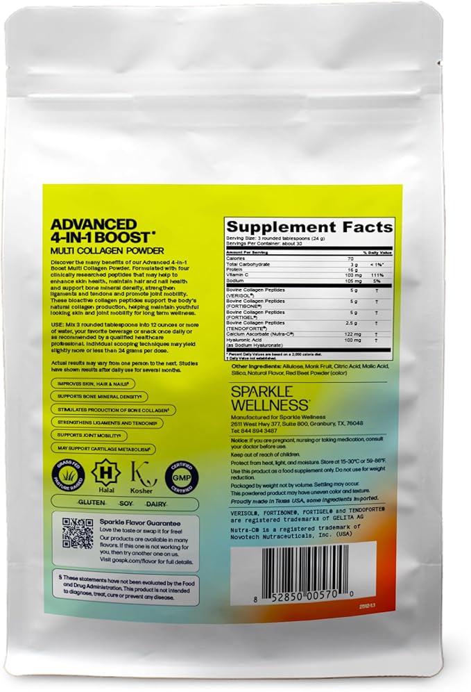 Sparkle Wellness Advanced 4 in 1 Boost | Clinically Tested Multi Collagen Powder with VERISOL FORTIBONE FORTIGEL TENDORFORTE | Skin Bone Joint Health | Mixed Berry