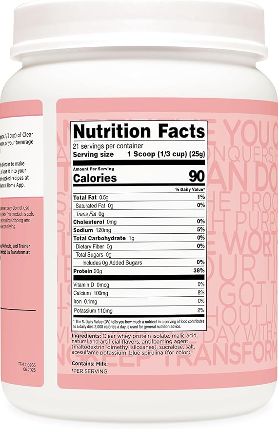 TransformHQ Clear Protein Powder (Cotton Candy) 21 Servings - Whey Protein Isolate 20g of Protein 90 Calories 0g Added Sugars