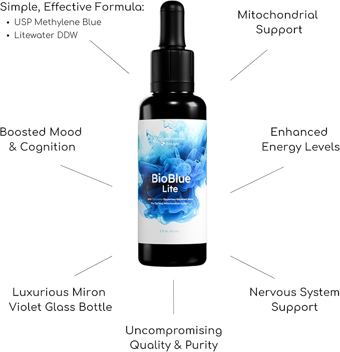 BIOLIGHT BioBlue Lite | Methylene Blue Mixed in Litewater DDW | Supplement for Mitochondrial Support | Brain Health Increased Energy Focus | 2 fl oz 30-Day Supply | USP Grade