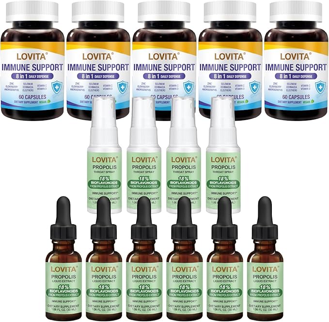 LOVITA Ultimate Defense Bundle - 6 Propolis Drops 4 Sprays &amp 5 Immune 8-in-1 Capsules Max Strength Family Health Pack (15 Pc)