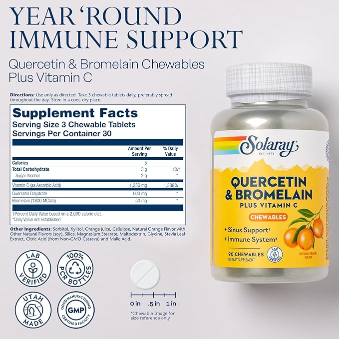 SOLARAY Quercetin with Bromelain and Vitamin C Chewables - Immune Support Supplement - Immune Defense and Heart Health Complex with 1250mg Vit C Natural Orange Flavor 60-Day Guarantee 30 Serv 90ct