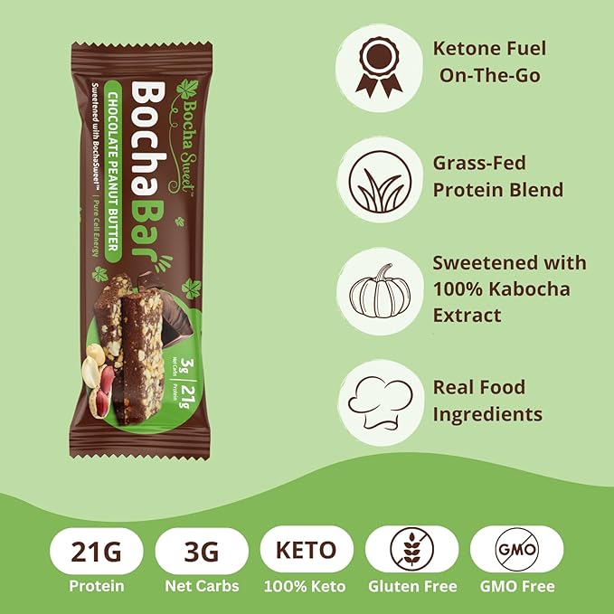 BochaSweet Keto Protein Bar Chocolate Peanut Butter BochaBar 21g Grass Fed Collagen Low Carb Keto-Friendly Gluten Free 12 Count
