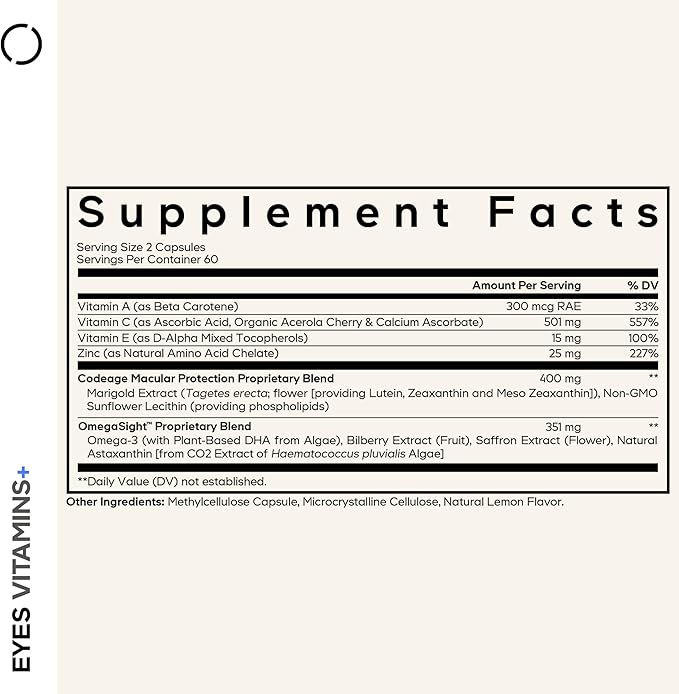 Codeage Eyes Vitamins - AREDS 2 Based Formula Supplement - 2-Month Supply - Vitamins A C E Zinc Lutein Astaxanthin Zeaxanthin Eyebright Marigold Bilberry Saffron Omega-3-120 Capsules