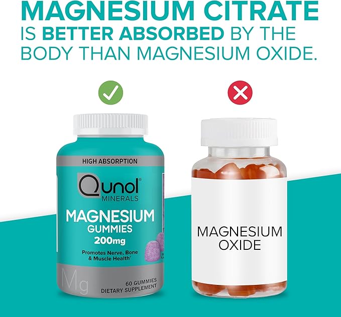 Qunol Magnesium Gummies for Adults Qunol 200mg Magnesium Citrate Gummies High Absorption Magnesium Supplement Supports Nerve Health Bone Health Muscle Health Vegetarian 60 Count Pack of 2