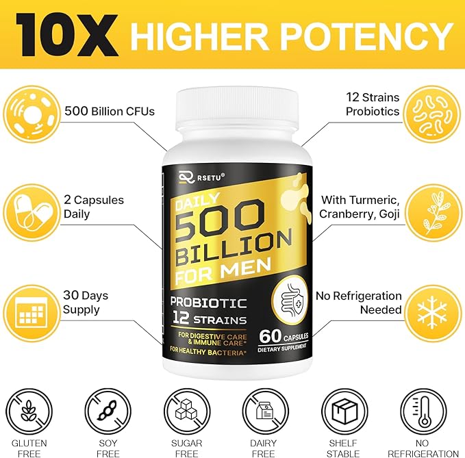 Probiotics for Men 500 Billion CFUs &amp 12 Strains Mens Probiotic with Turmeric Cranberry Goji Gut Health for Men for Digestive Health Gut Bloating &amp Gas Immune Energy Support 120-Day S