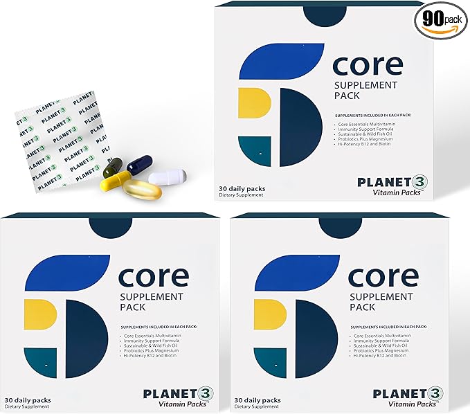 Planet 3 Vitamin Packs Daily Vitamins for Both Men &amp Women Energy Immune &amp Heart Support | Multivitamin Vitamin D Omega 3 Probiotics Biotin B12 &amp More | Core Supplements | 90 Daily