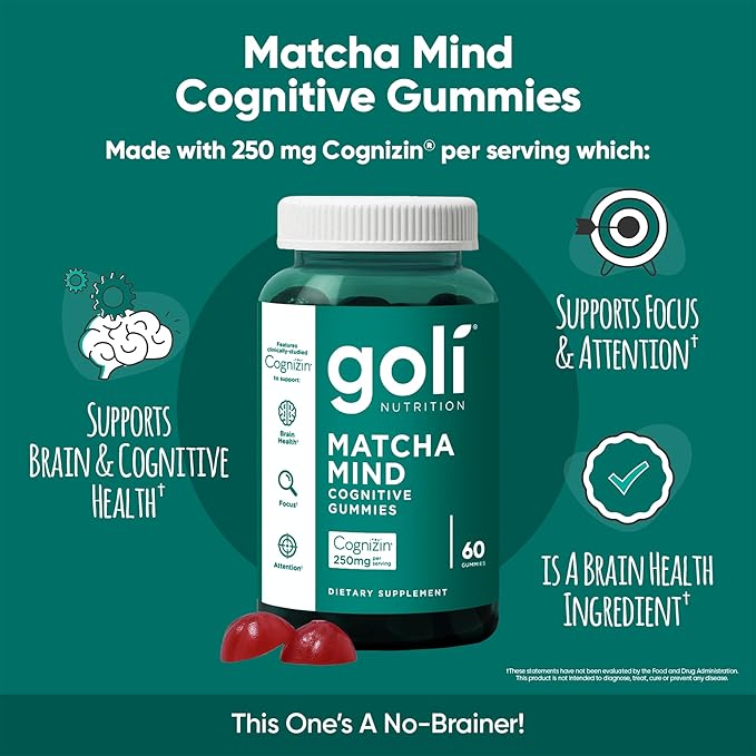 Goli Matcha Mind Gummies - 5 Pack - Green Tea Leaves Powder with Cognizin for Focus Attention and Brain Health Vegan Non-GMO Gluten-Free &amp Gelatin Free - 300 Count