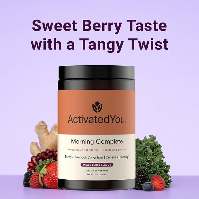 ActivatedYou Morning Complete Super Greens Powder Drink Mix - Gut Health Boost with Prebiotics Probiotics &amp Antioxidants - 10 Billion CFUs Mixed Berry Flavor Greens Superfood Powder - 30 Day Su