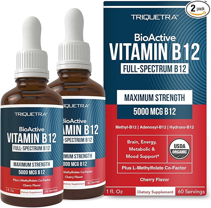 Organic Vitamin B12 - 5000 mcg 3 BioActive Forms B12: Methyl B12 Adenosyl B12 &amp Hydroxy B12 - Plus L-Methylfolate Cofactor | Sublingual Form Cherry Flavor Vegan Non-GMO (120 Servings - 2 Pack