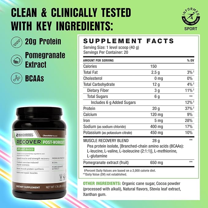 BODi Recover Plant-Based Protein Powder Blend– Post-Workout Chocolate Plant-Based Supplement for Muscle Recovery with 20g Protein BCAAs Pomegranate Extract - Fast Recovery - 20 Serving Tub