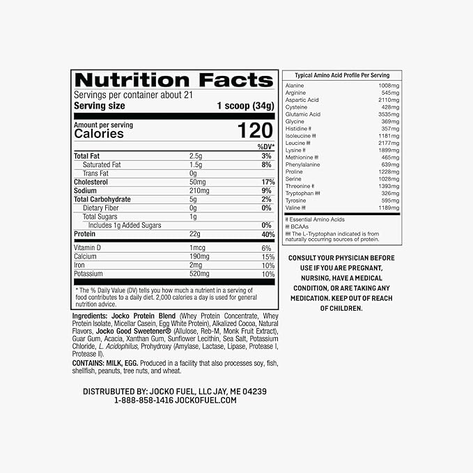 Jocko-Mölk Protein Powder 21 Servings - Grass-Fed Whey Micellar Casein Egg Protein Blend with Digestive Enzymes Probiotics Sugar-Free Soy-Free Gluten-Free (1.48 lbs Chocolate)