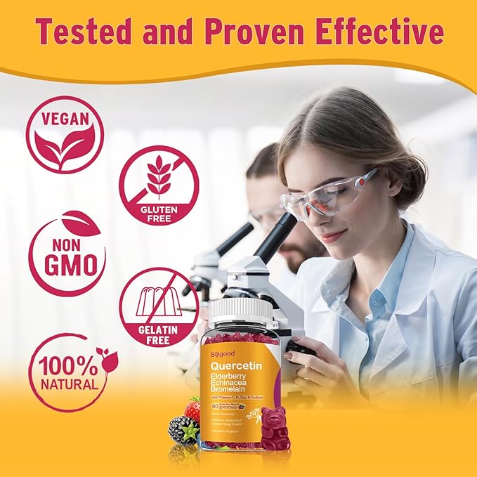 2 Packs Quercetin with Bromelain Gummies Elderberry Echinacea Vitamin C D Zinc - Immune System Support 120 Counts Pure Quercetin Supplements Gummies for Kids &amp Adults