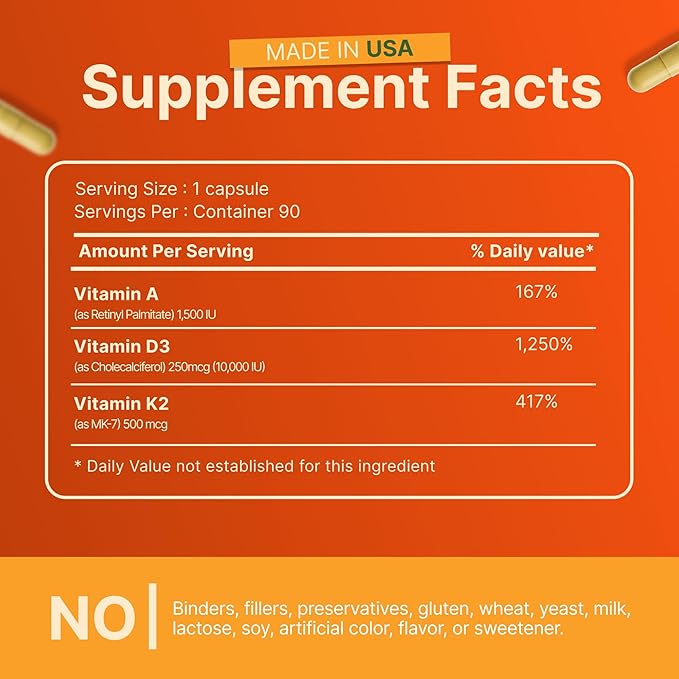INVITA ADK 10 Vitamin Supplement – 90 Capsules – High Potency of Vitamin A D3 10000 IU &amp K2-MK7 – Physician Formulated ADK for Bone Heart &amp Immune Support – Non-GMO Gluten Free (3-Month S