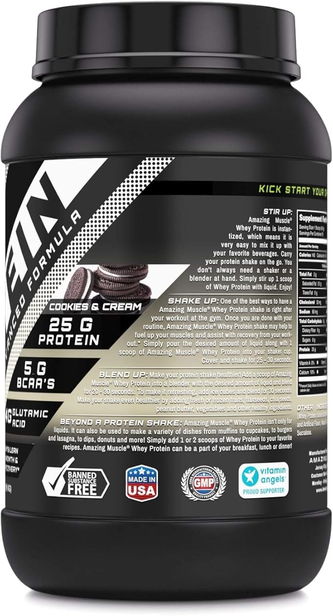 Amazing Muscle 100% Whey Protein Powder *Advanced Formula with Whey Protein Isolate as a Primary Ingredient Along with Ultra Filtered Whey Protein Concentrate (Cookie &amp Cream 2 Lb)