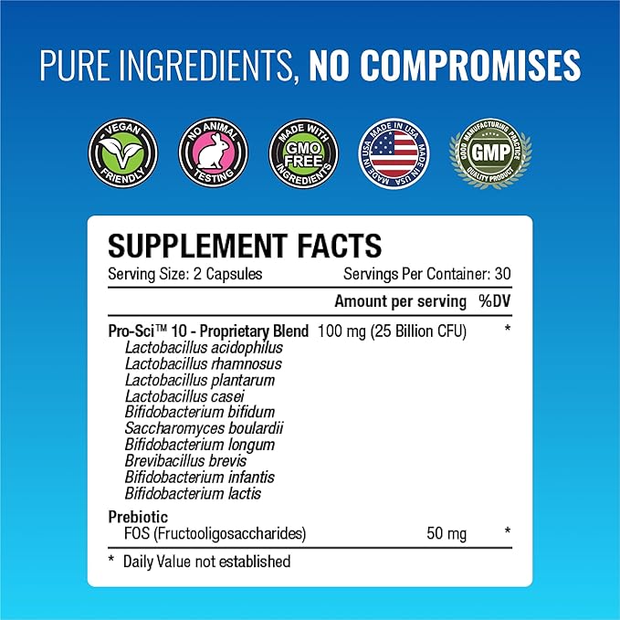 Approved Science Probiotic with Prebiotic - 10 Strains - 25 Billion CFU - 1 Bottle - Vegan