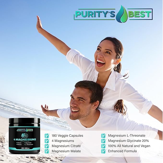 Purity's Best 4 MAGNESIUMS Premium Magnesium Glycinate Malate L-Threonate Citrate 300mg 180 Veggie Capsules Third Party Tested 3 Months’ Supply Muscle Energy Nerve and Cognition Support