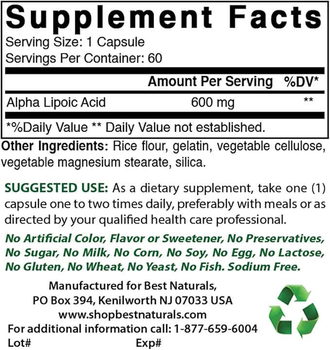 Best Naturals Alpha Lipoic Acid 600 mg 60 Capsules - ALA Powerful Antioxidant (60 Count (Pack of 2))