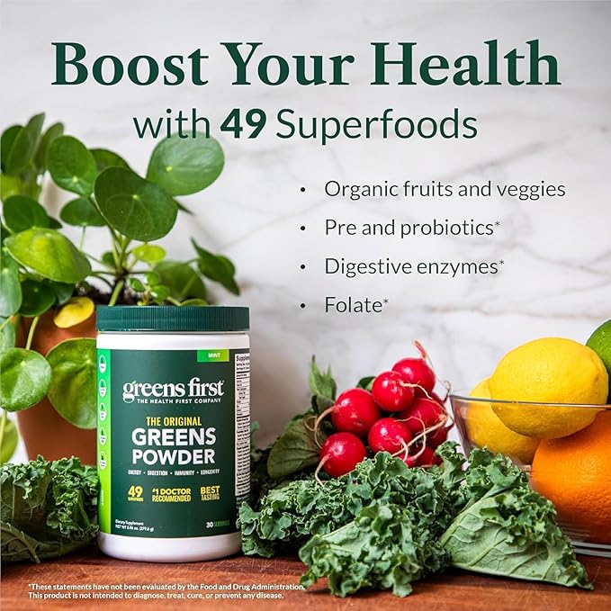 Greens First Original Greens Powder - 49 Superfoods - Organic Fruits &amp Veggies - Prebiotics Probiotics &amp Digestive Enzymes - Antioxidant - Dairy Free/Vegan/Non-GMO (Strawberry Kiwi 30 Servin