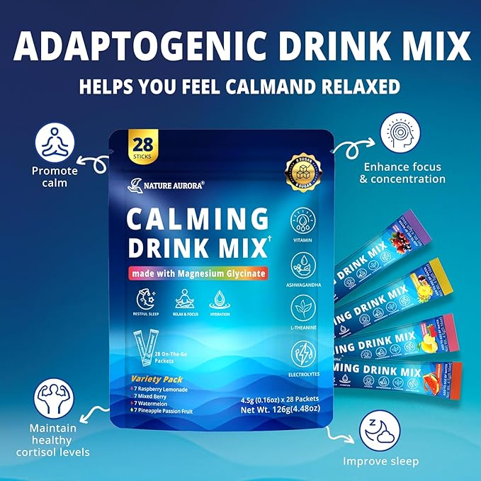 Cortisol Calm Drink Mix with Magnesium Glycinate Powder L-Theanine Vitamins Ashwagandha &amp Mushroom Calming Powdered Drink Mix for Relax Focus Sleep &amp Stress Relief Variety 28 Packets