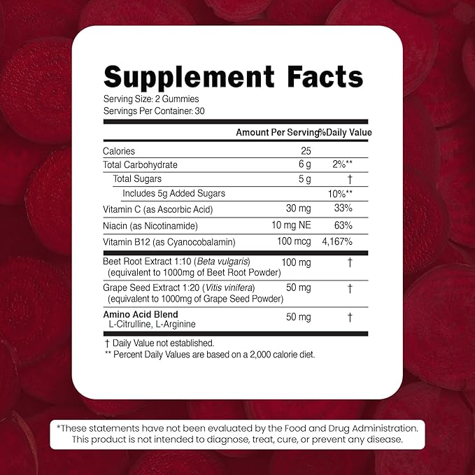 Beet Root Gummies - Super Nitric Oxide Beets Supplement - Red Beetroot Heart Chews with Grape Seed Power &amp B12- Pomegranate Flavor 60 Chewables Beets