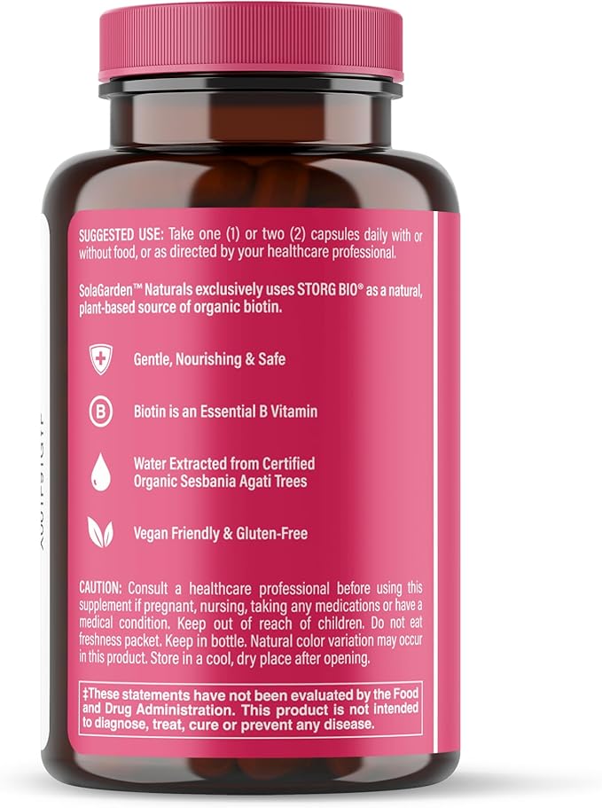 Whole Food Biotin Supplement - Contains Certified Organic Plant Based Biotin from Sesbania Agati Trees - by SolaGarden Naturals. May Support Hair Skin and Nails. 60 Non GMO Veggie Capsules.