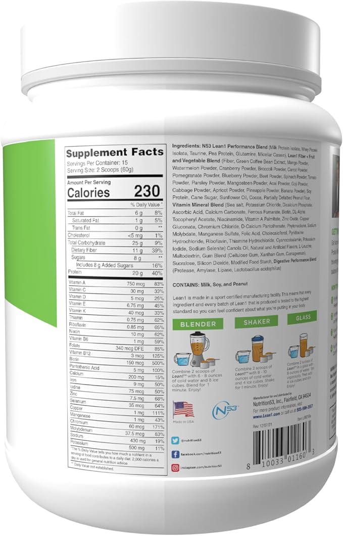 Lean1 Meal Replacement Protein Powder Chocolate Peanut Butter Flavor 15-Serving Tub.