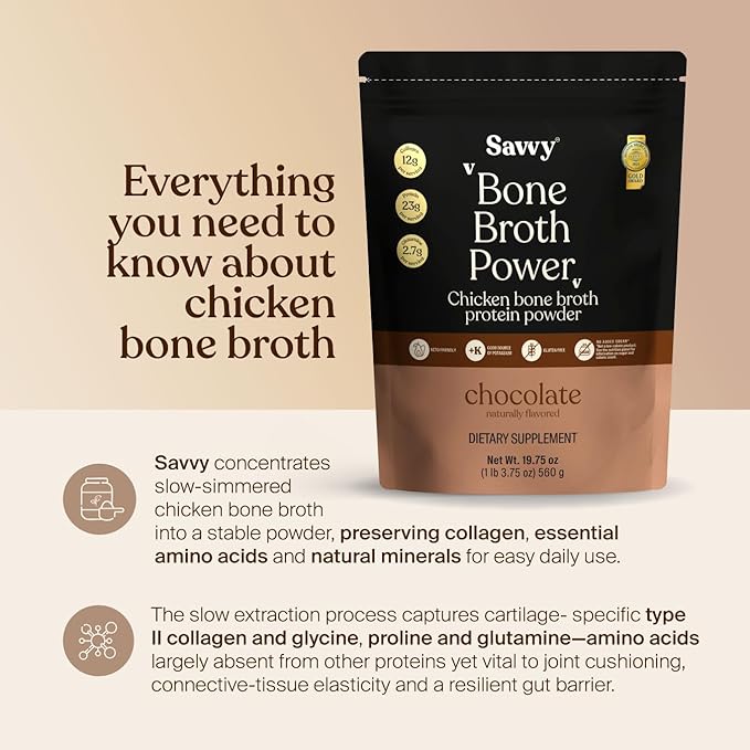 SAVVY Bone Broth Power Chocolate Protein Powder 23g Protein 12g Collagen &amp Glutamine Muscle Joint Digestive &amp Skin Health Keto Dairy Free Award-Winning Bone Broth 560g (16 Servings)