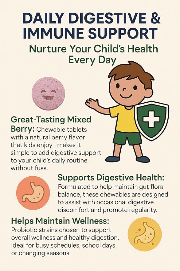 Raise Them Well Children’s Probiotic Chewable Gut Health Tablets for Kids Supports Digestion Immunity &amp Nutrient Absorption No Artificial Additives Mixed Berry 60 Servings
