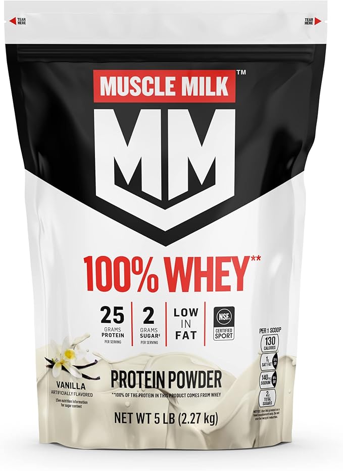 Muscle Milk 100% Whey Protein Powder Vanilla &amp Chocolate 5 Pound Each 68 &amp 66 Servings 25g Protein 2g Sugar Low Fat NSF Certified for Sport
