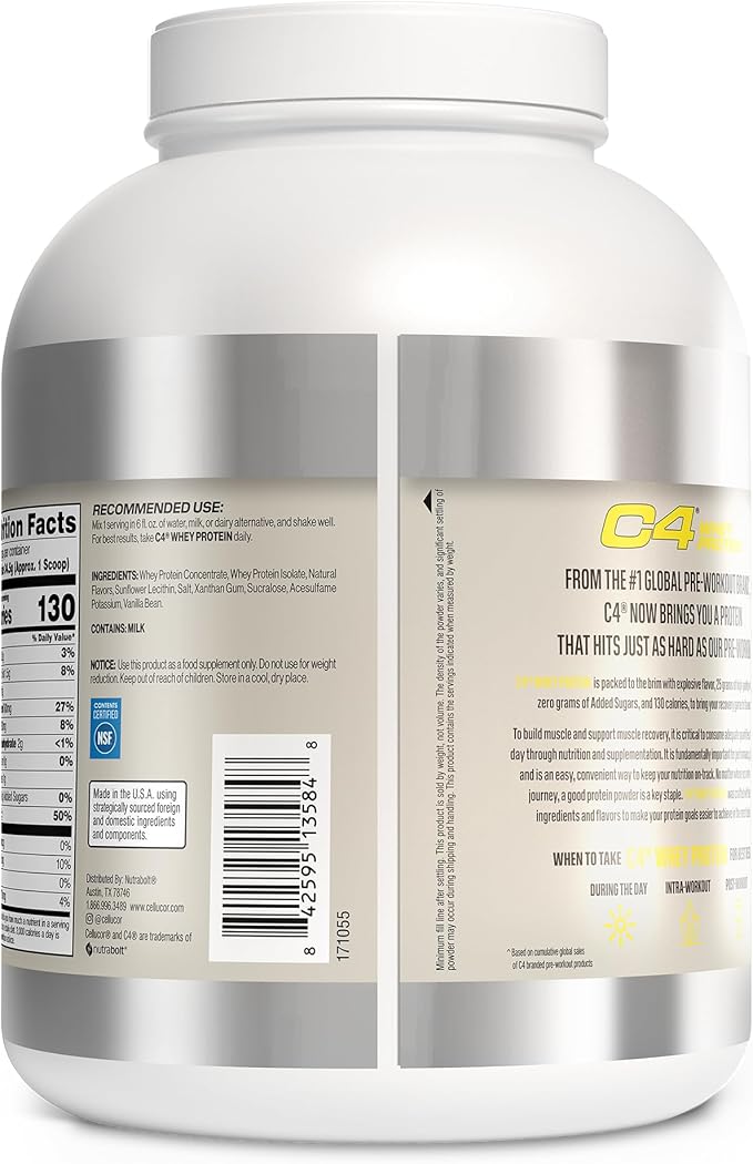 Cellucor C4 Whey Protein Powder Vanilla Bean - 25g Protein 0g Added Sugar 130 Calories Per Serving Supports Muscle Recovery 66 Servings Premium Whey for Post-Workout