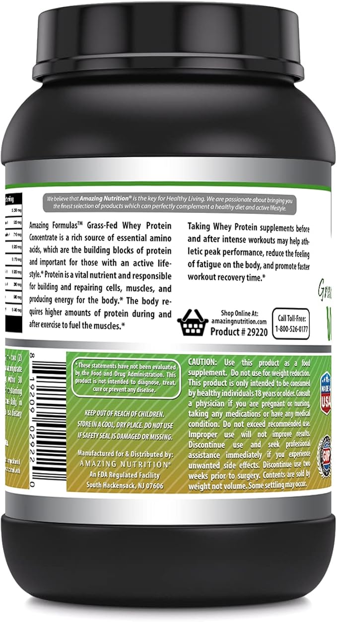 Amazing Formulas Grass-Fed Whey Protein Powder | 25 Grams Protein Supplement | Natural Sweetener and Flavor | Contains BCAA &amp EAA | Non-GMO | Made in USA (2 Lb Unflavored)