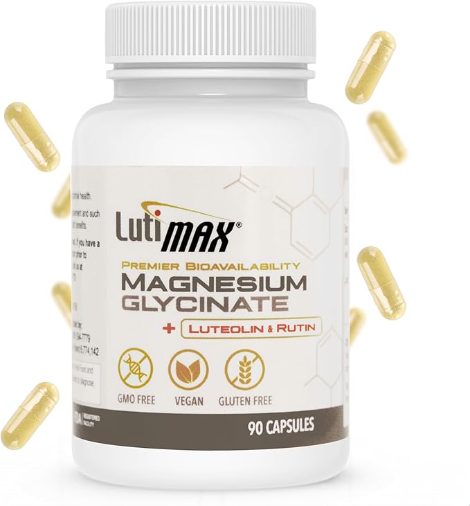 Lutimax Magnesium Glycinate 500mg w/Premium Luteolin &amp Rutin Blend - 100mg Elemental Magnesium for Stress Calm Relaxation &amp Sleep Support - Vegan Non-GMO Gluten Free &amp Made in USA -