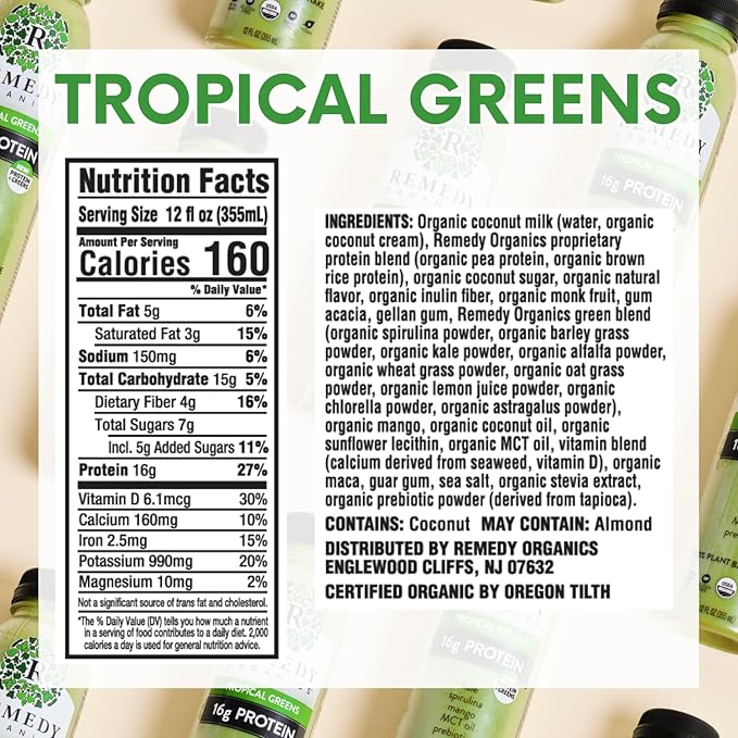 Remedy Organics Tropical Greens 12-Pack | Plant Based 16g Protein Shakes Ready to Drink | USDA Organic Gluten Free Dairy Free Soy Free