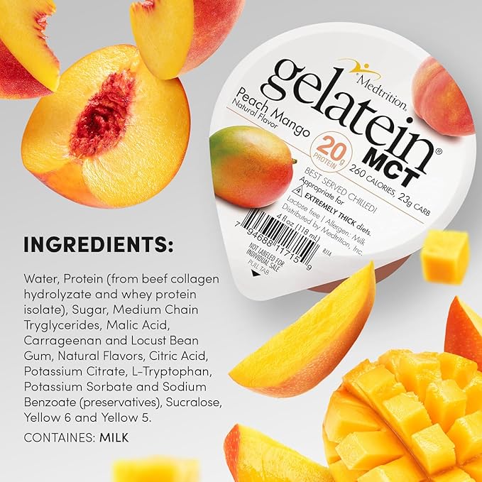 Gelatein MCT Peach Mango: 20 grams of protein. Ideal for swallowing difficulties and fluid restricted diets. Great pre or post-workout snack (Pack of 36) …