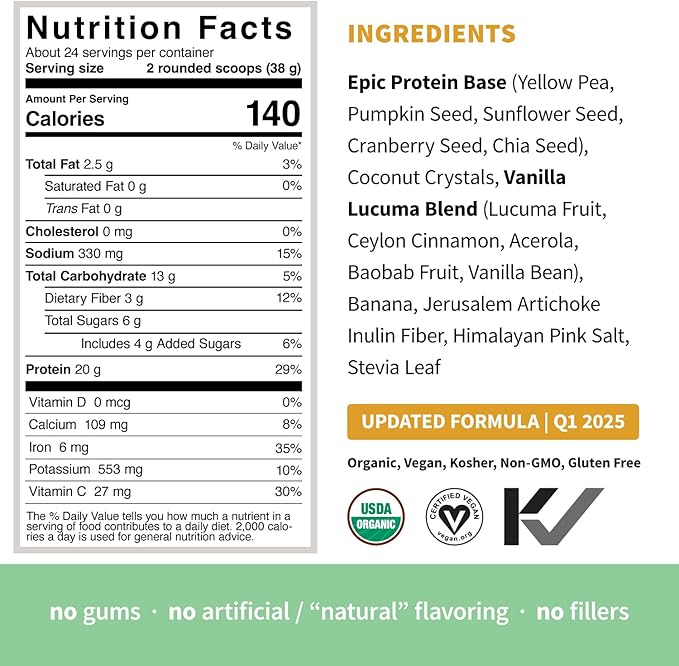 Sprout Living Epic Protein Plant Based Protein &amp Superfoods Powder Vanilla Lucuma Powder | 20 Grams Organic Protein Powder Vegan Non Dairy Non-GMO Gluten Free Low Sugar (2 Pound 24 Serving