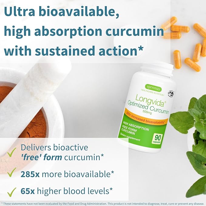 Igennus Longvida Lipidated Curcumin 500mg Ultra Bioavailable &amp Sustained Action 65x Higher Plasma Levels Intensive Support Free-Form Curcumin Vegan 90 Capsules