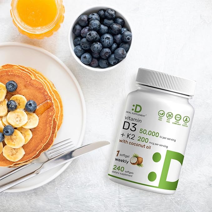 DEAL SUPPLEMENT Vitamin D3 50000 IU + K2 MK7 200mcg Softgels 240 Count | 2-in-1 Complex with Virgin Coconut Oil | Supports Heart Bone Teeth &amp Immune Health | Easy to Swallow