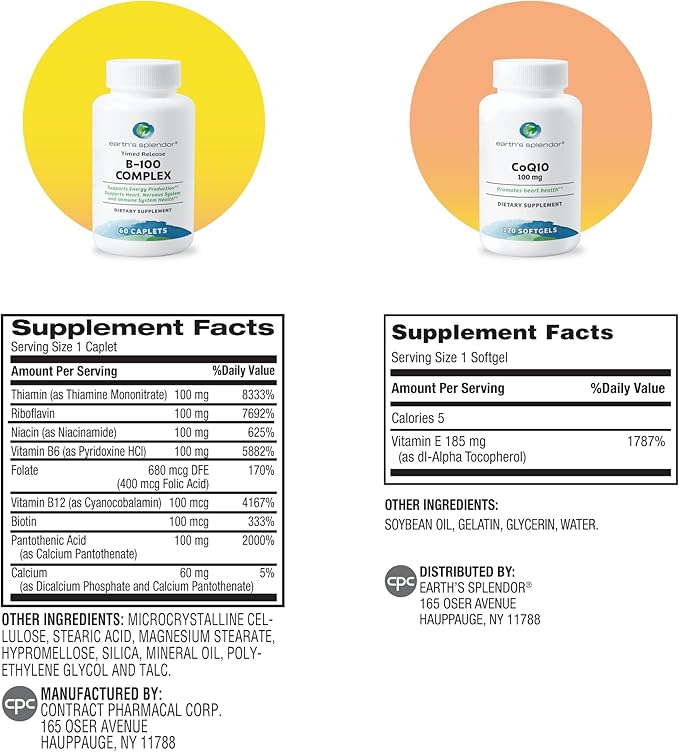 Earth's Splendor CoQ10 100 mg Softgels + Vitamin B Complex Tablets – Cellular Energy Production Metabolic Support &amp Daily Vitality Non-GMO No Artificial Colors or Flavors