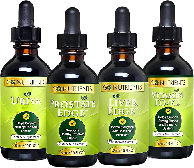 Go Nutrients Men's Health Bundle - Vitamin D3/K2 Liver Edge Prostate Edge Uriva – Comprehensive Support for Bone Liver Prostate and Uric Acid Health – Boosts Energy Vitality and Body Defense