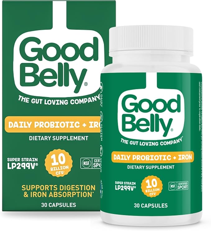 GoodBelly Probiotic Capsules for Digestive Health &amp Iron Absorption | Vegan Probiotic Supplement with 10 Billion Live Cultures | Probiotics for Women &amp Men | 30 Capsules